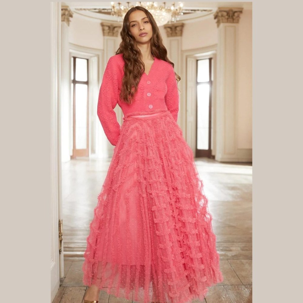 RARE: NWT Needle & Thread Florence Ruffle Ankle Skirt, Watermelon Pink Tulle